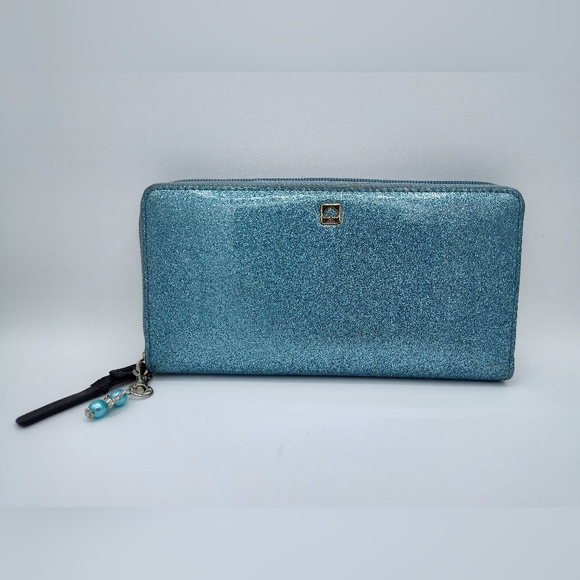 Kate Spade Glitter Continental Zip Around Wallet w/ Dust Bag Aqua Blue EUC - Picture 2 of 7